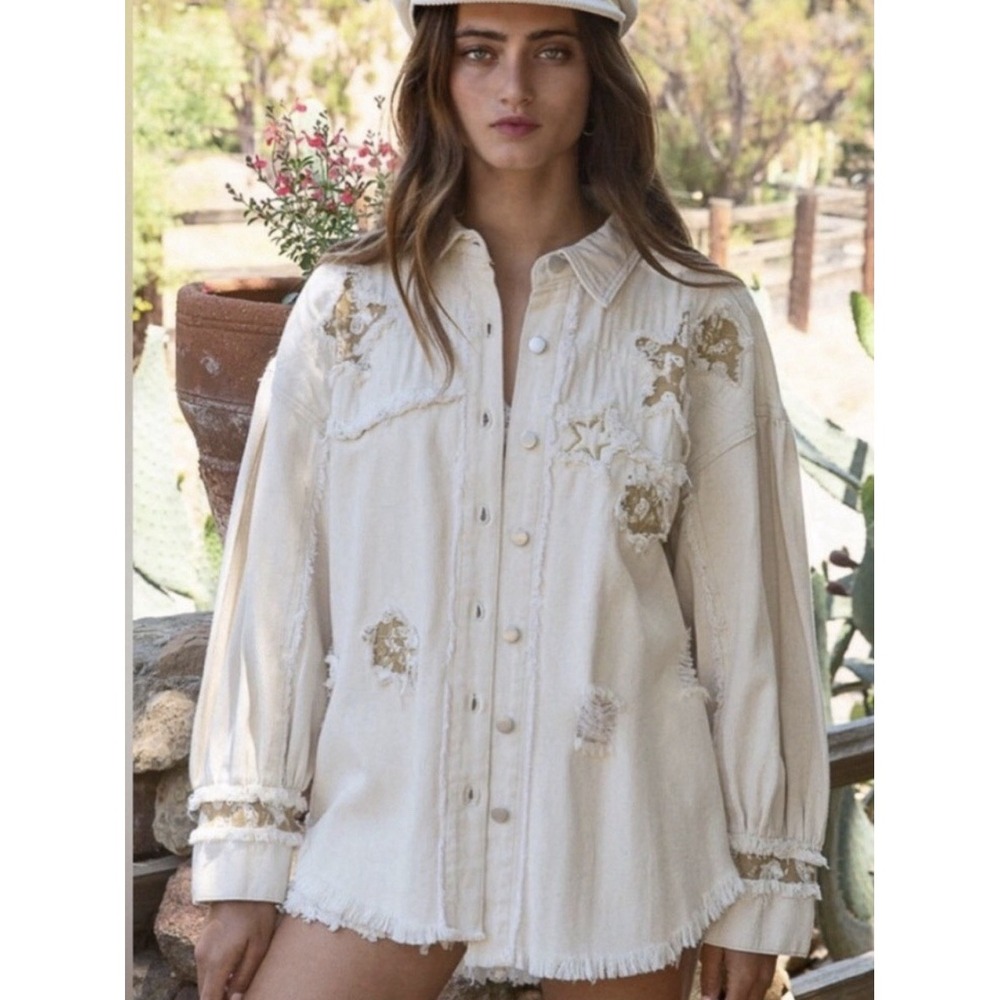 POL Women's Rare Paisley Patchwork Jacket Button Down Cream Denim Size M NEW